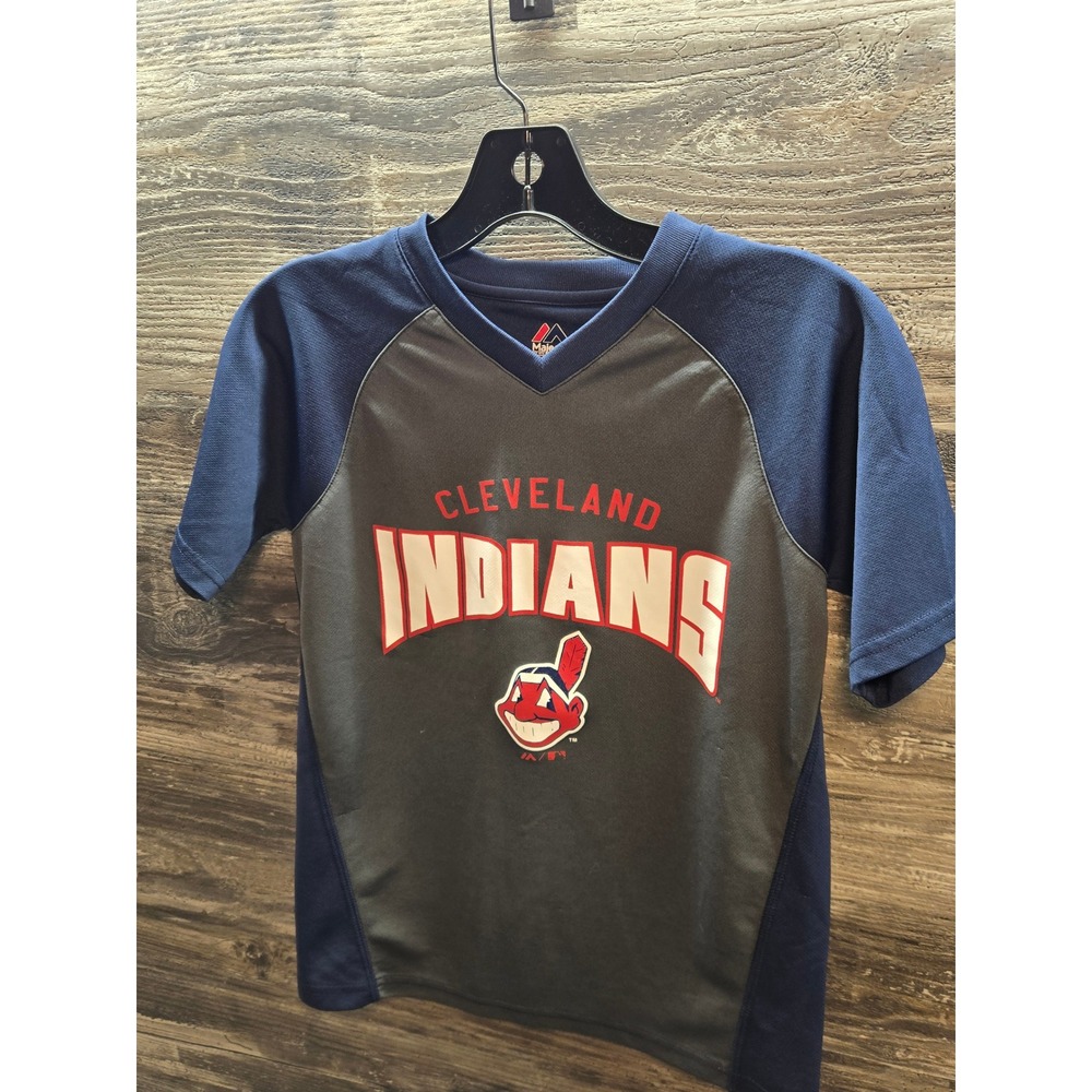 Majestic Cleveland Indians Youth Jersey Shirt Navy Grey Chief Wahoo Size M 10/12